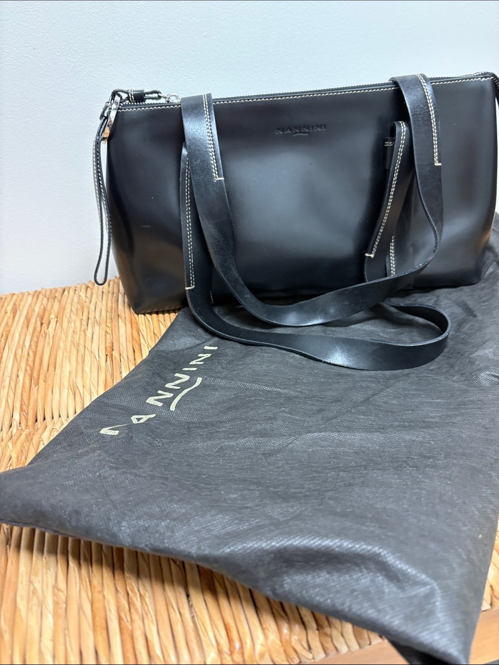 Nannini Black Smooth Leather Tote with Debossed Logo
